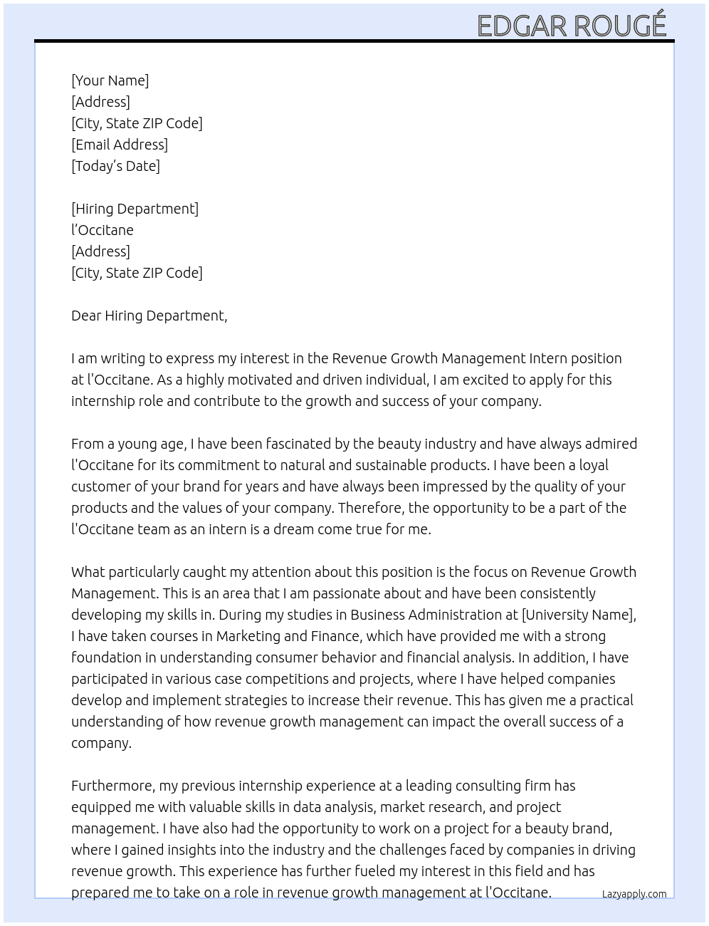 Revenue Growth Management Intern At l'Occitane  Cover Letter