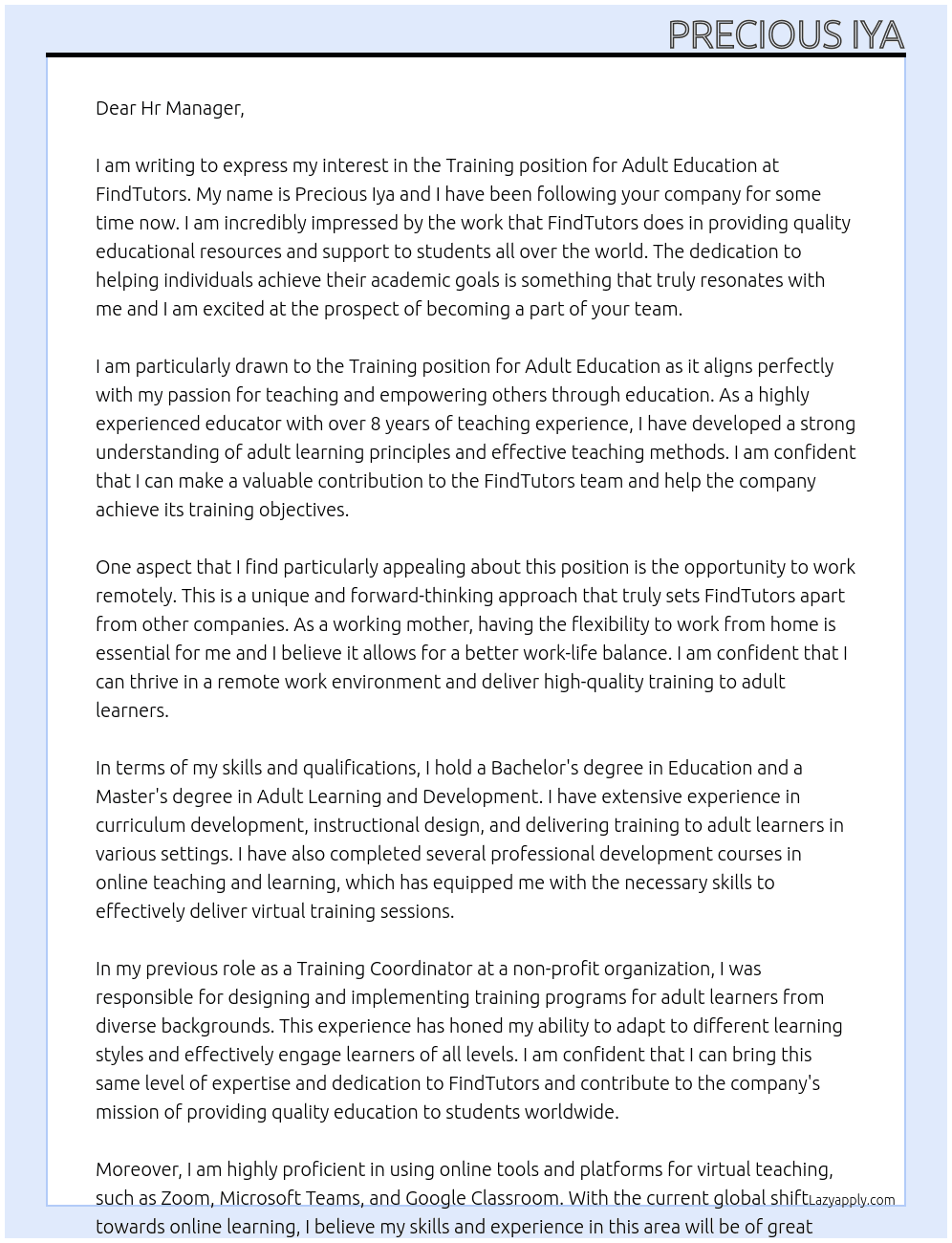 (Training) Adult Education  At FindTutors Cover Letter