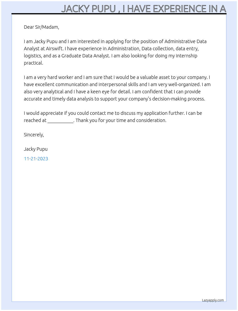 Administrative -Data Analyst  At Airswift Cover Letter