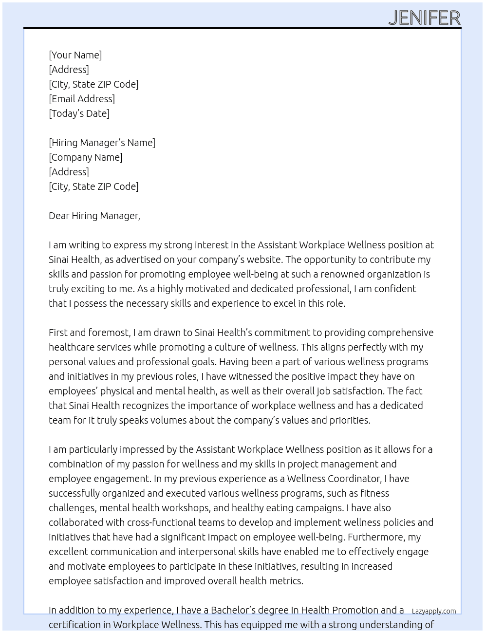 Assistant workplace wellness At Sinai Health Cover Letter