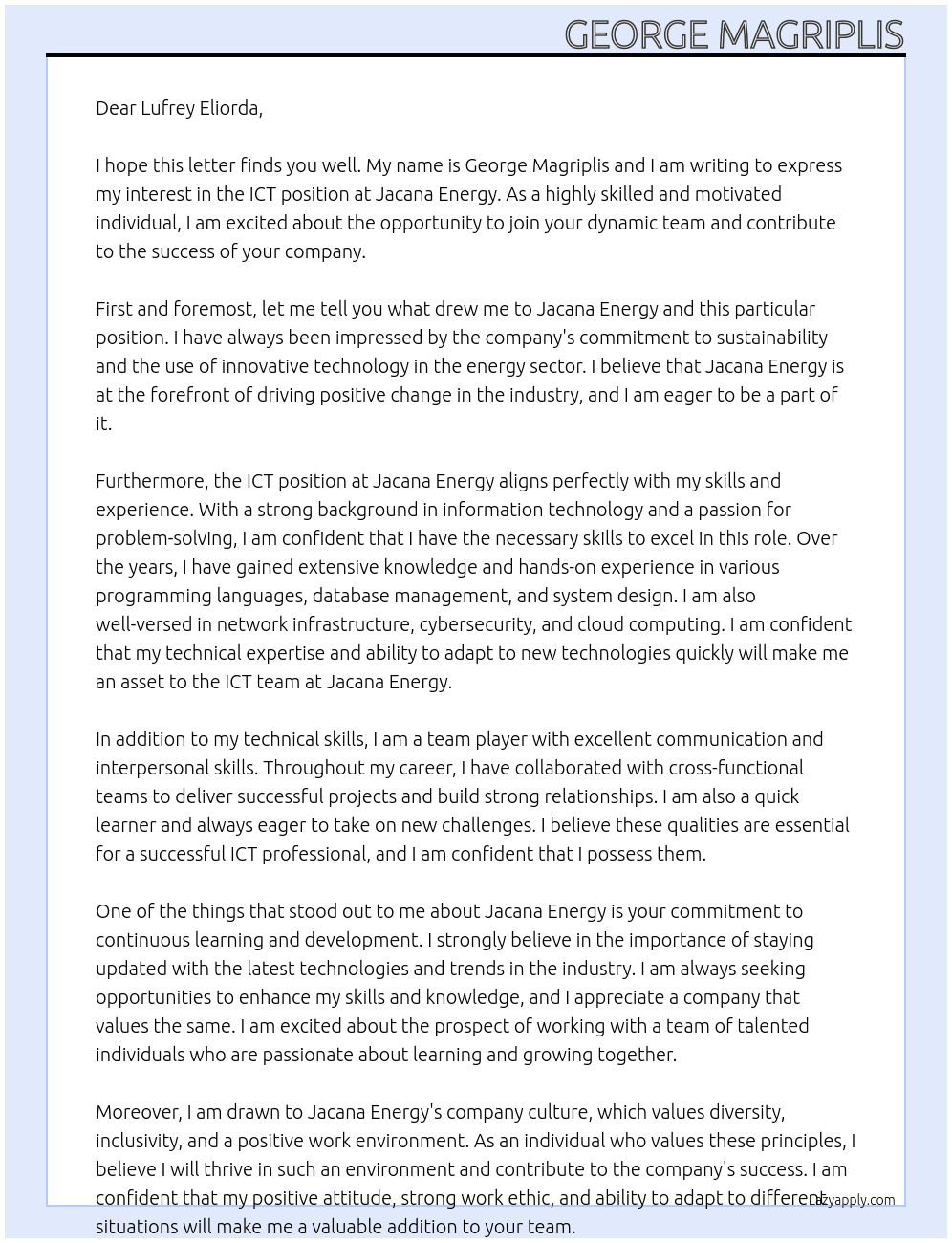 ICT At Jacana Energy Cover Letter