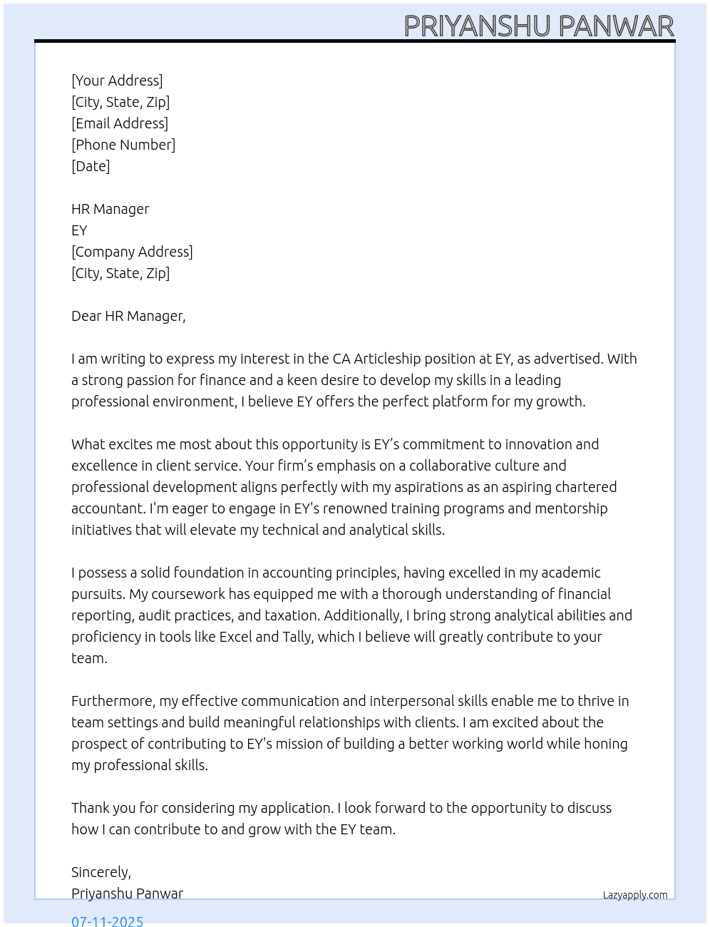 CA Articleship  At EY Cover Letter