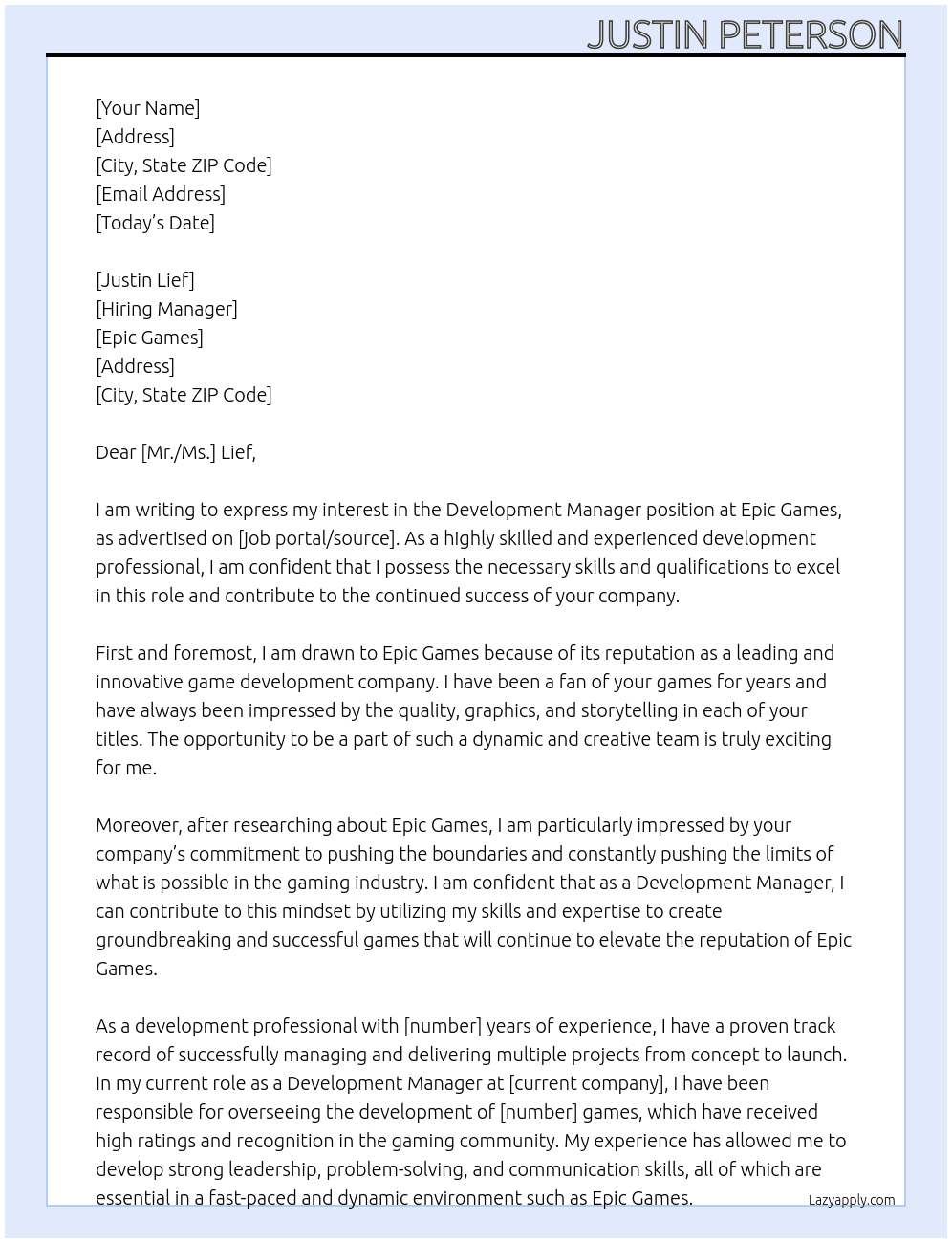 Development Manager At Epic Games Cover Letter