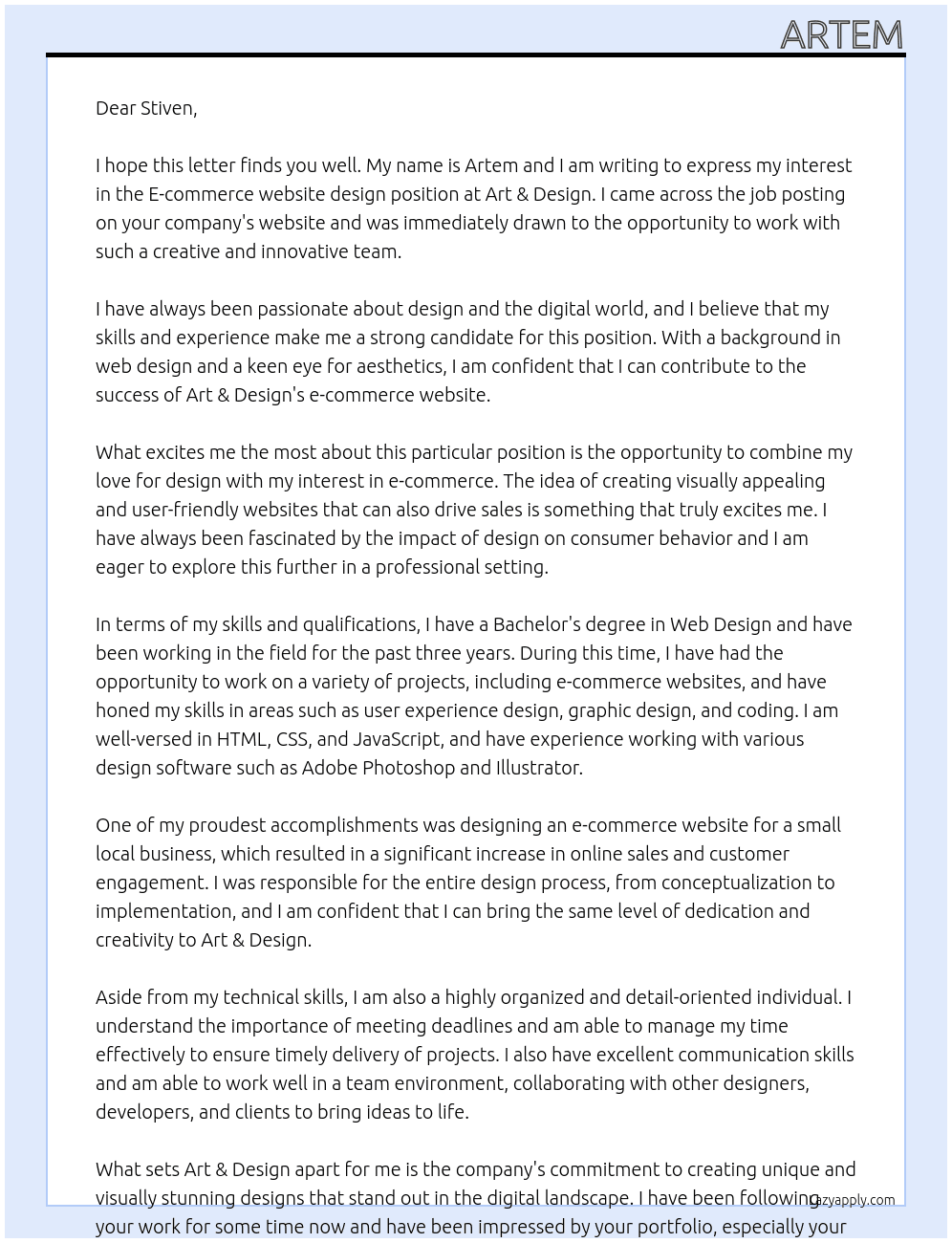E-commerce website design At Art & Design Cover Letter
