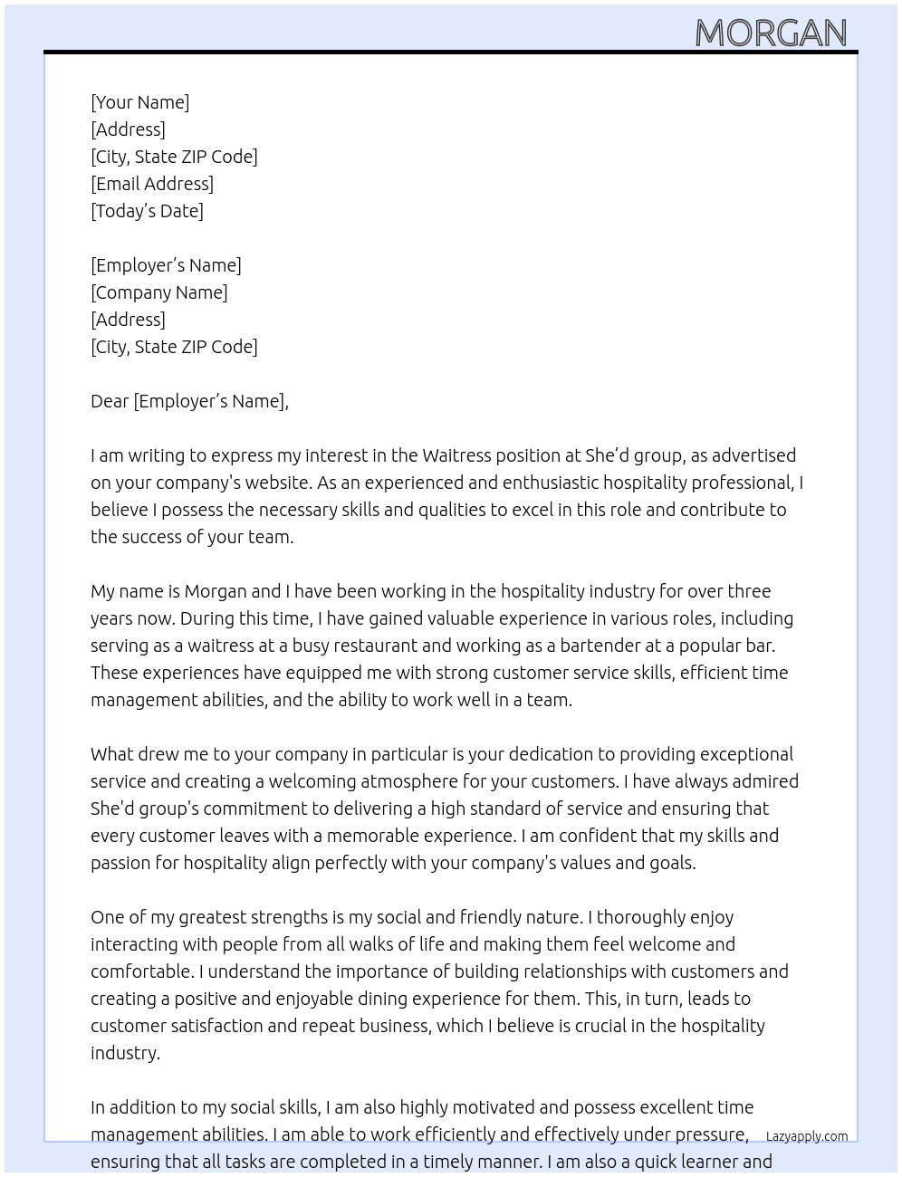 Waitress At She’d group Cover Letter