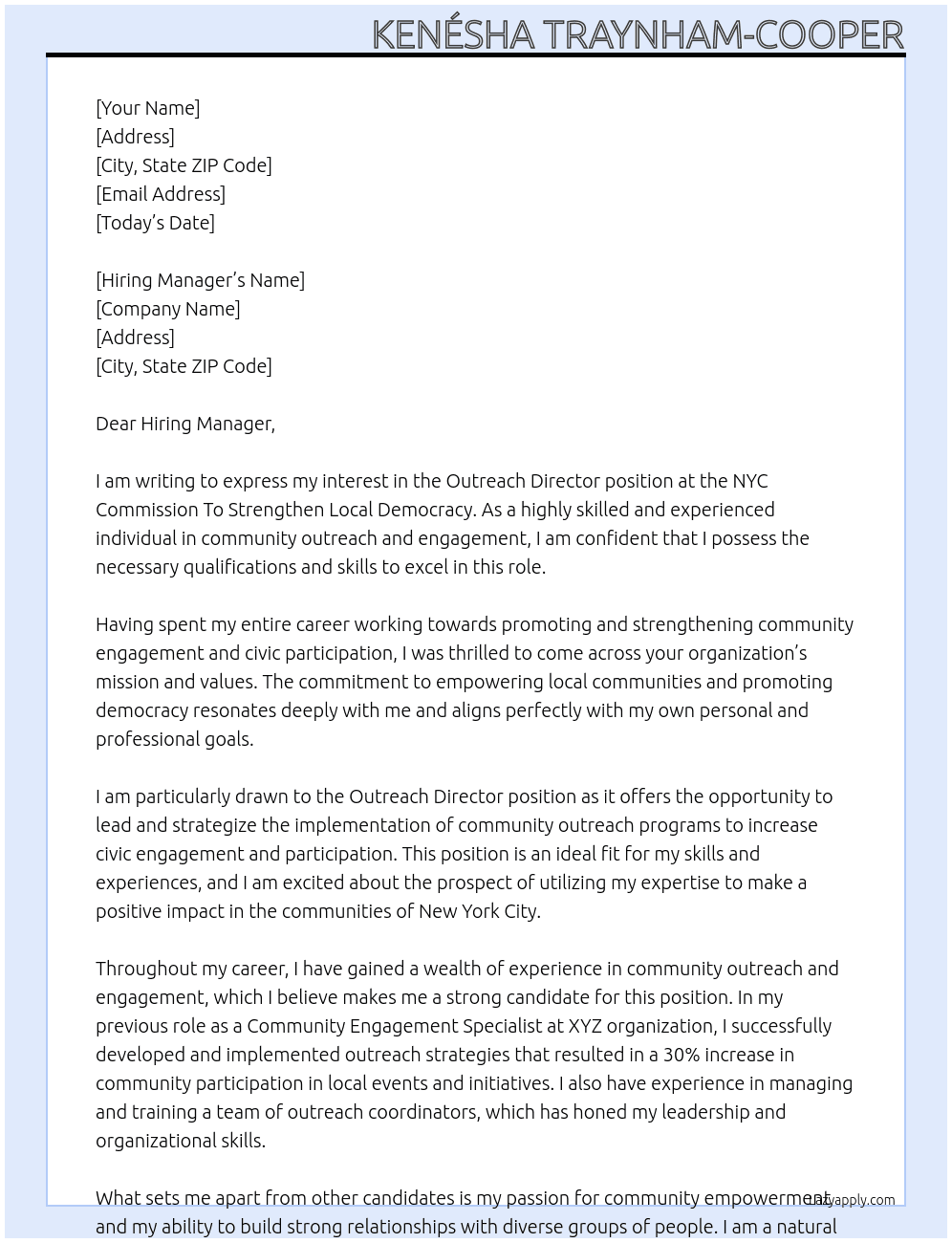 Cover letter for outreach director - LazyApply