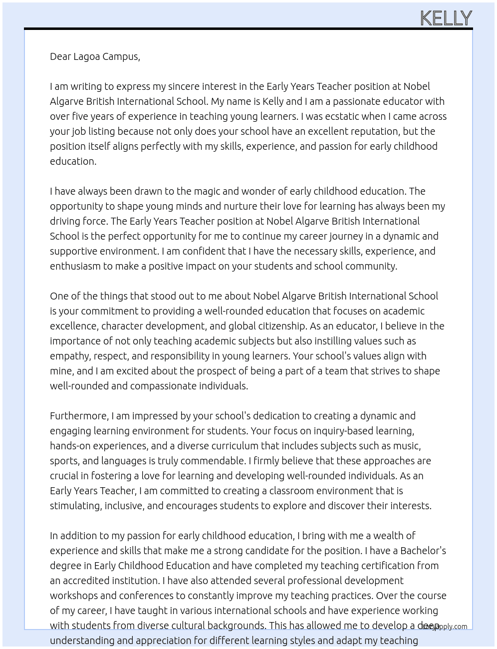 Early Years Teacher At Nobel Algarve British International School Cover Letter