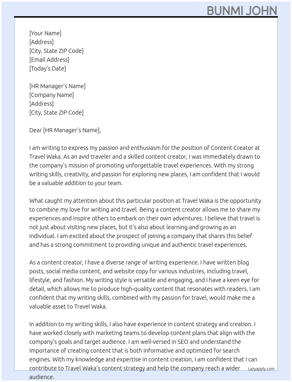 Content creator  At Travel waka  Cover Letter