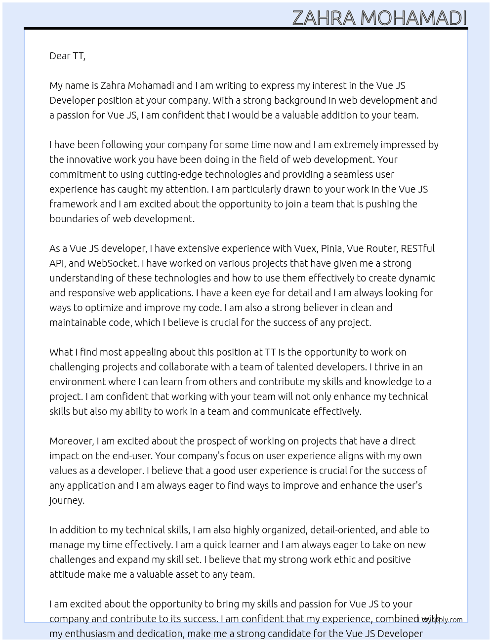 vue js developer At tt Cover Letter