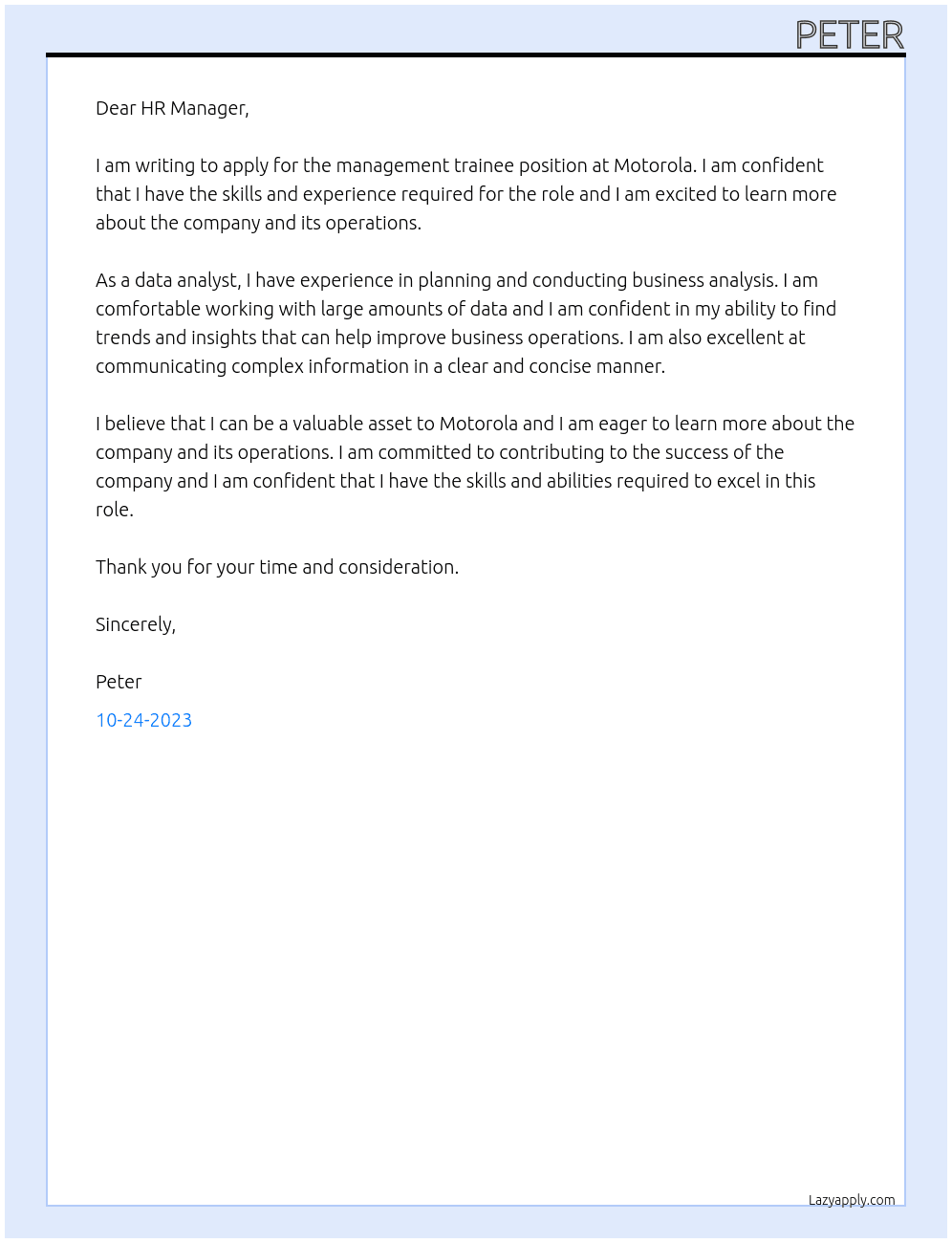 Management trainee At Motorola Cover Letter