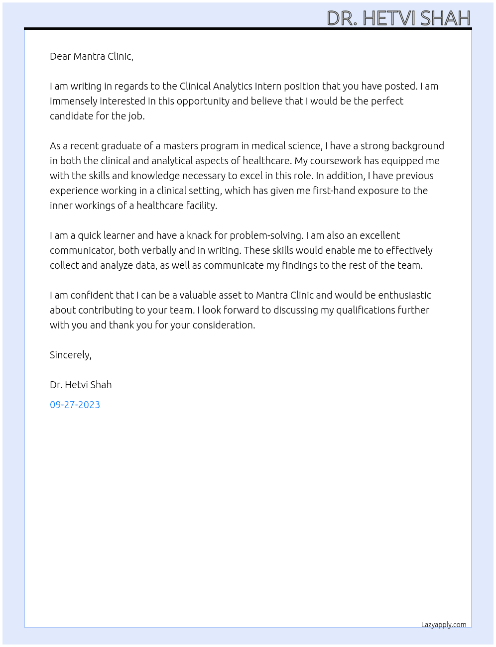 Clinical Analytics Intern At Mantra Clinic Cover Letter