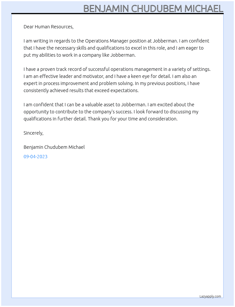 Operations manager At jobberman Cover Letter