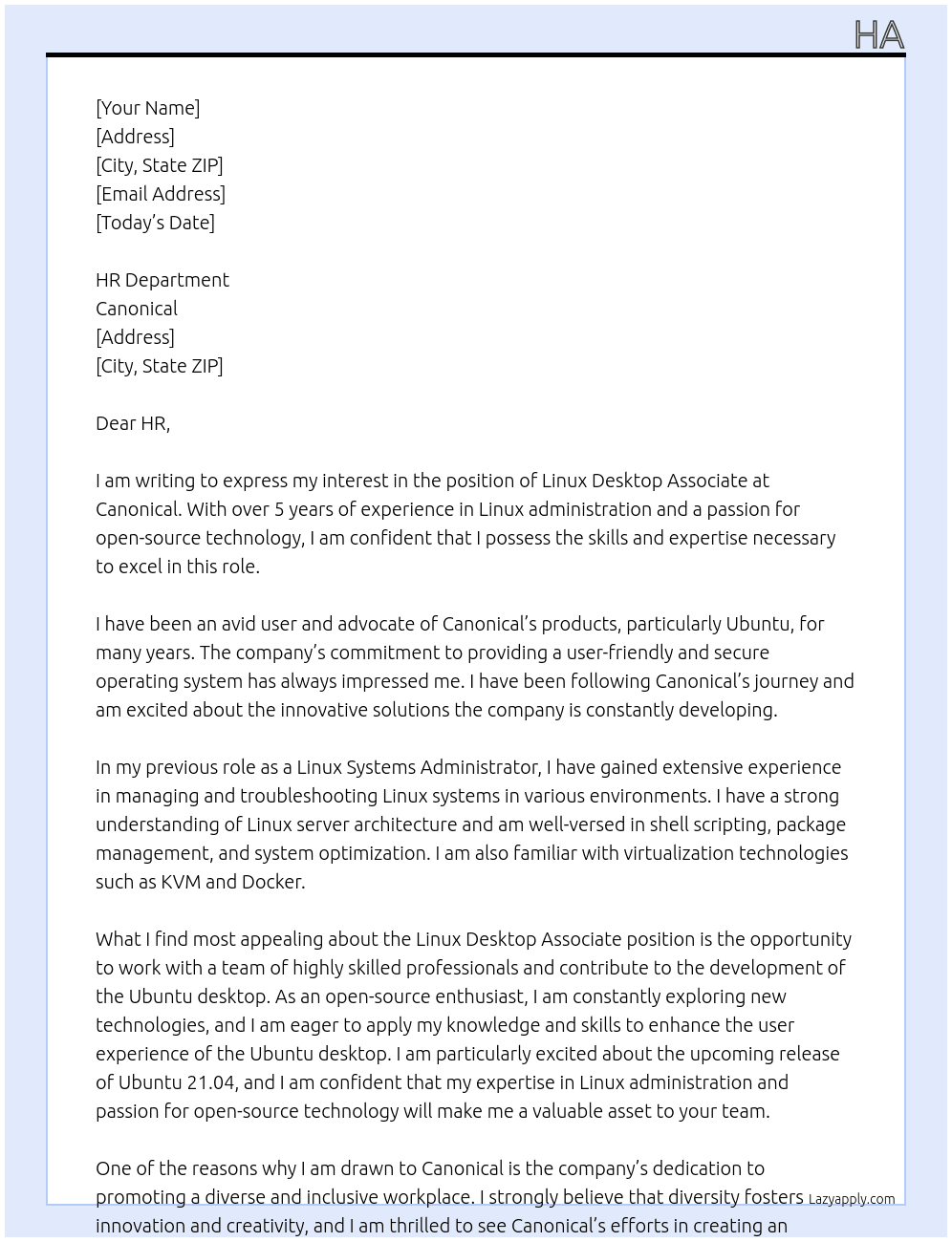 linux desktop associate At Canonical Cover Letter
