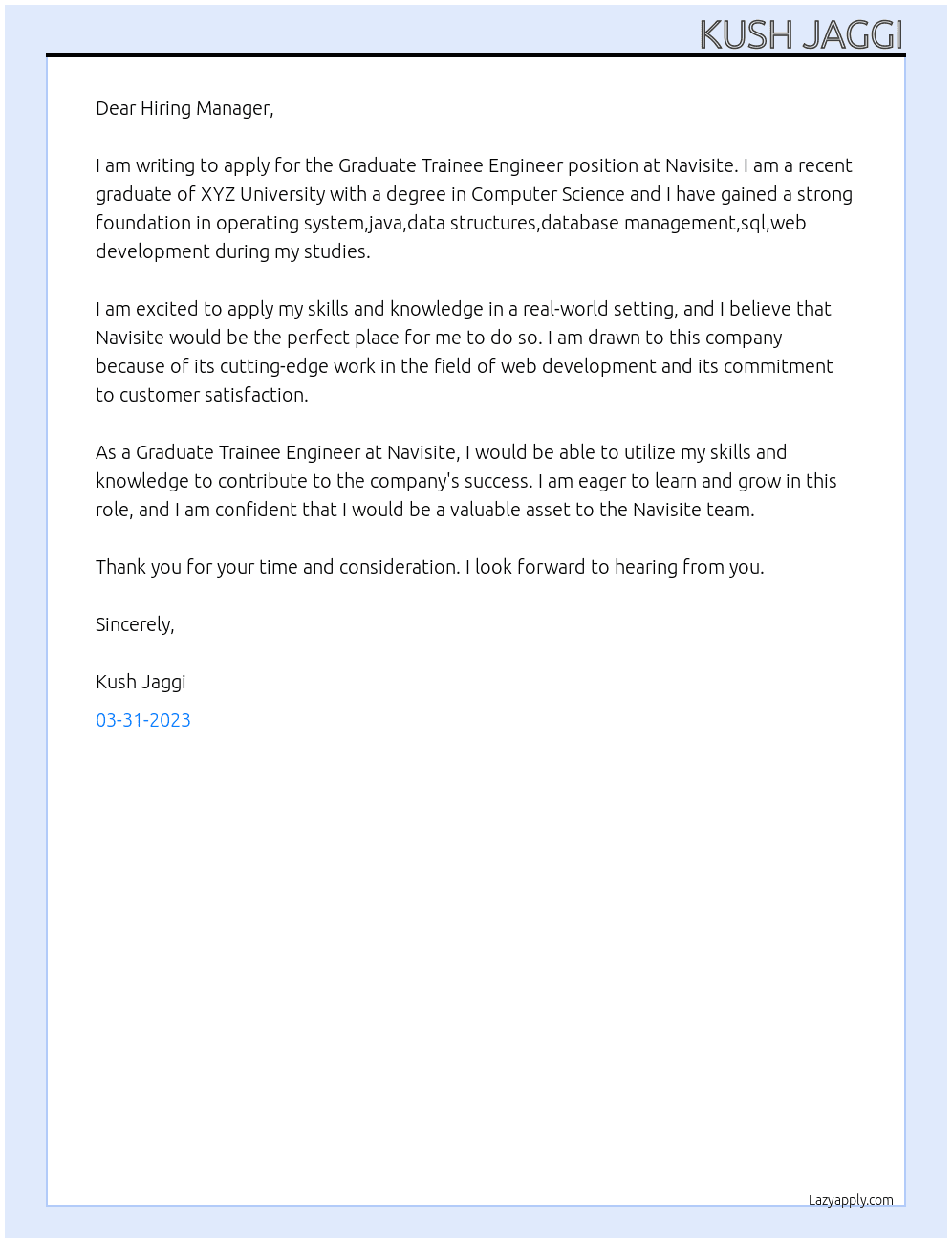 Graduate Trainee Engineer  At Navisite Cover Letter