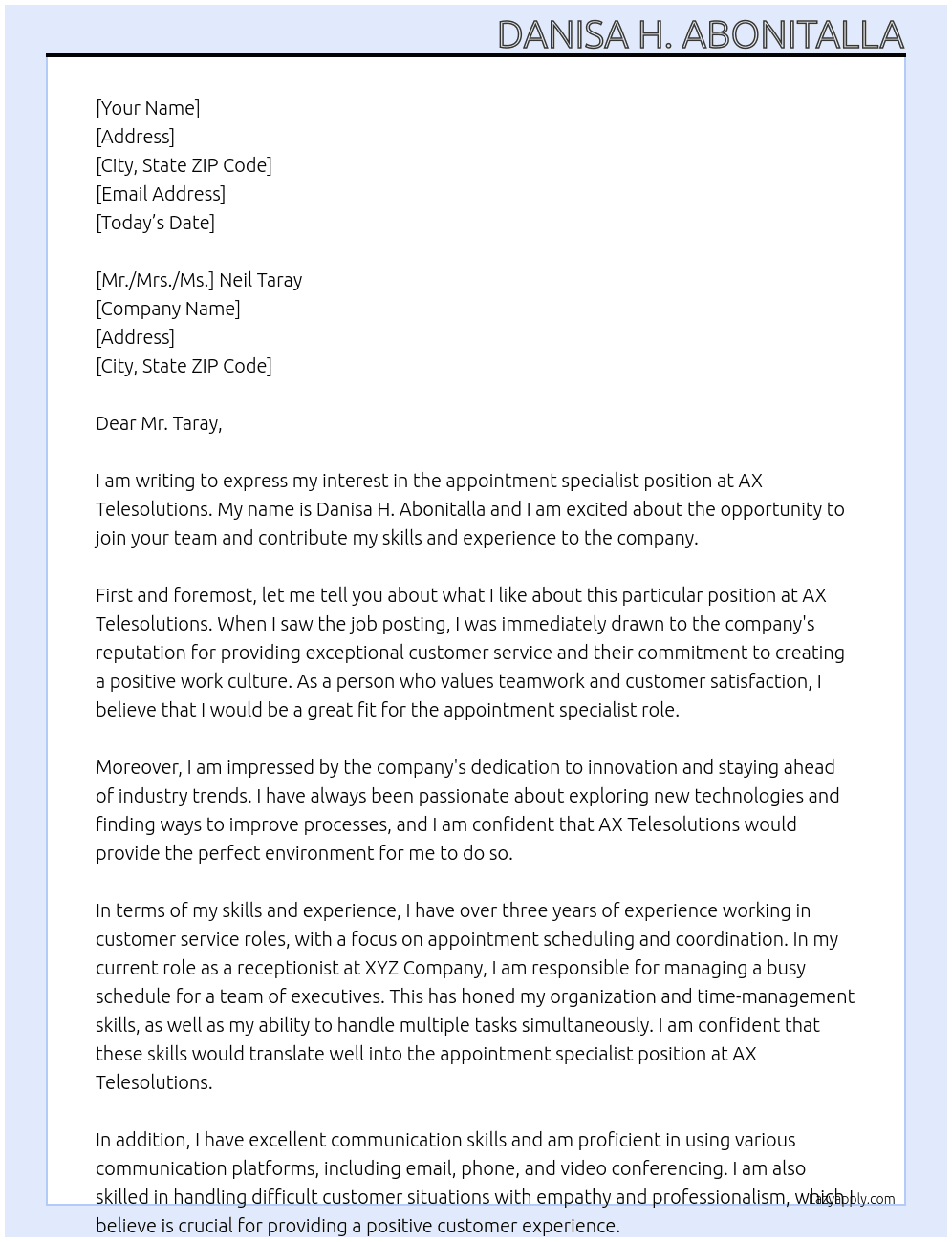appoinment specialist At AX TELESOLUTIONS Cover Letter