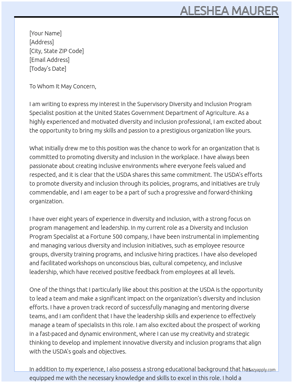 Supervisory Diversity and Inclusion Program Specialist At United States Government Department of Agriculture Cover Letter