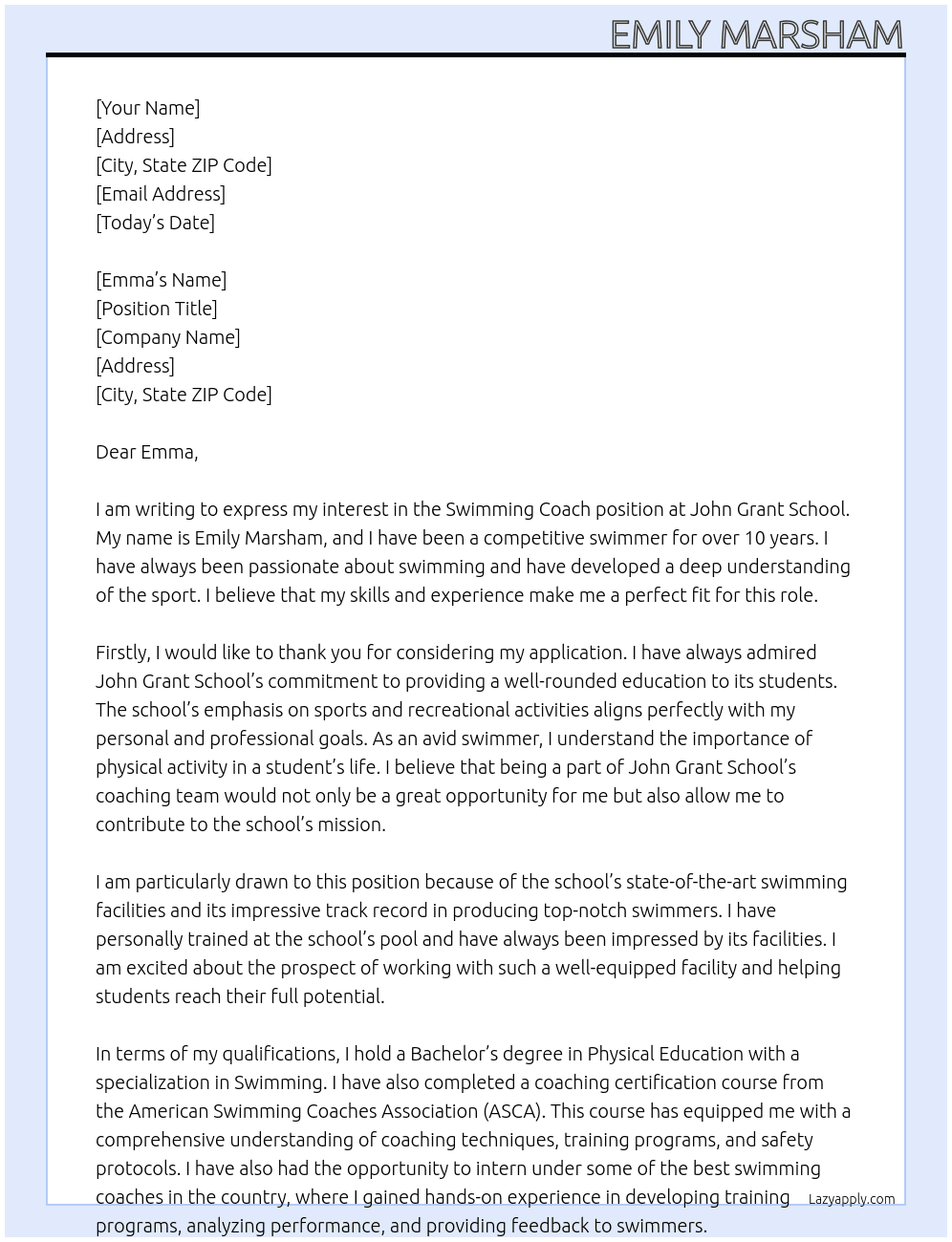 Swimming Coach At John Grant School Cover Letter