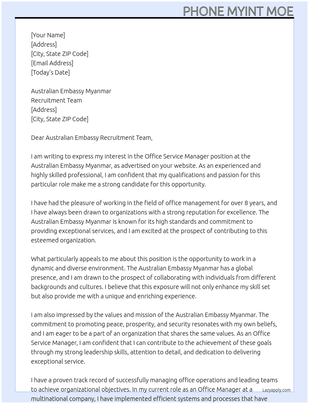 Office Service Manager At Australian Embassy Myanmar Cover Letter
