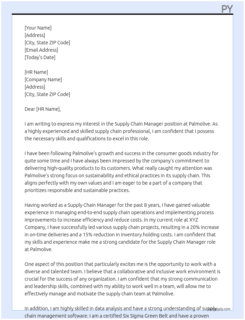 Supply Chain Manager At Palmolive Cover Letter