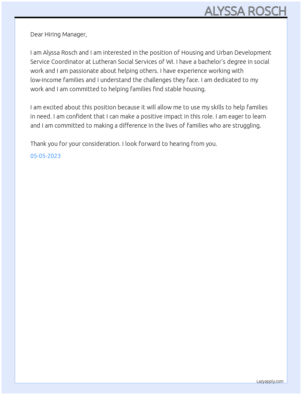  Housing and Urban Development Service Coordinator At  Lutheran Social Services of WI  Cover Letter