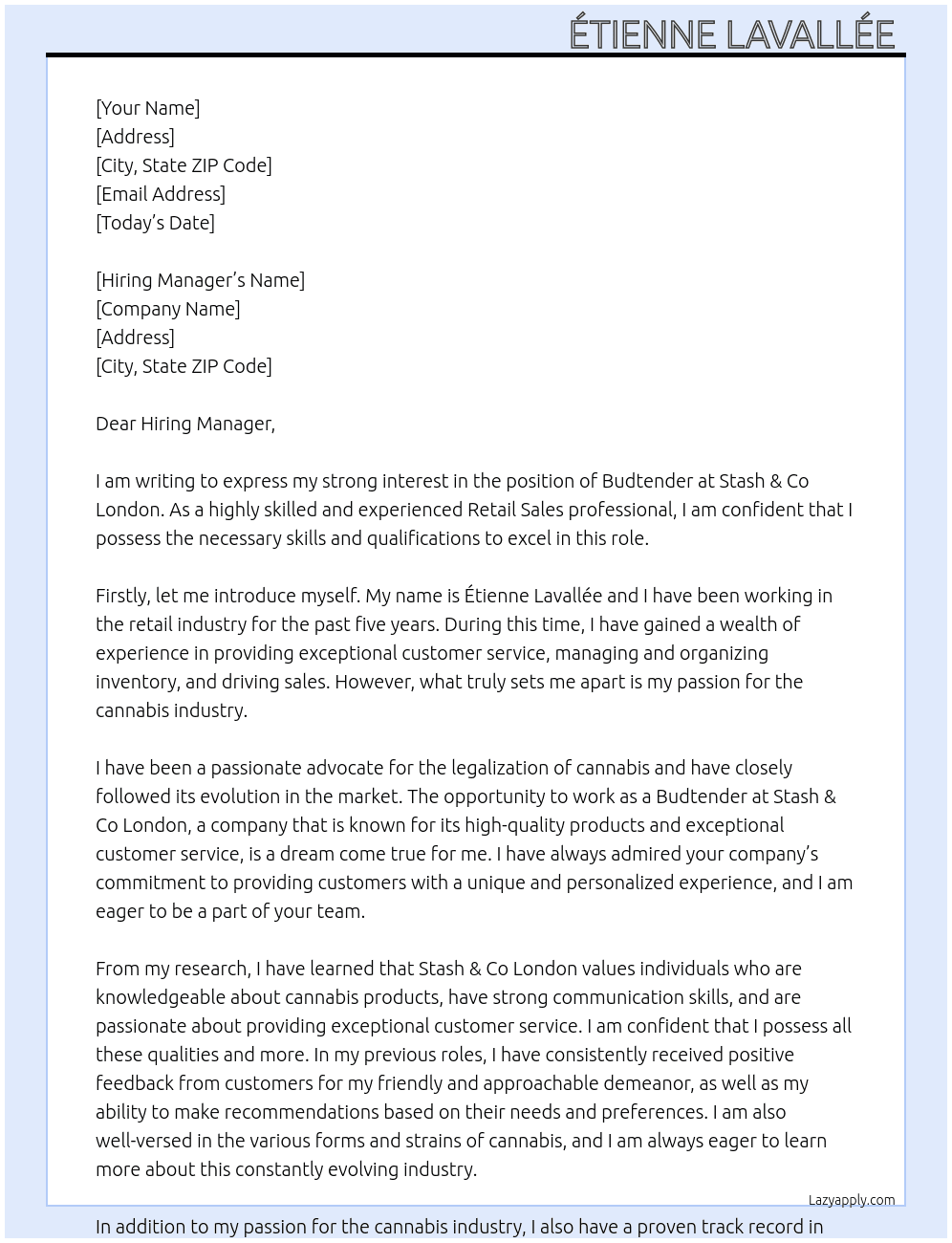 Budtender  At Stash & Co Londom Cover Letter