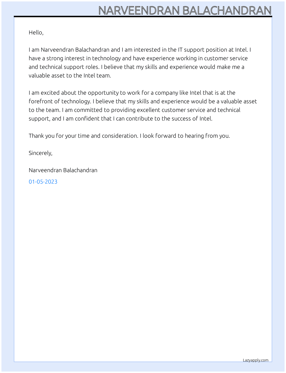 it support At intel Cover Letter