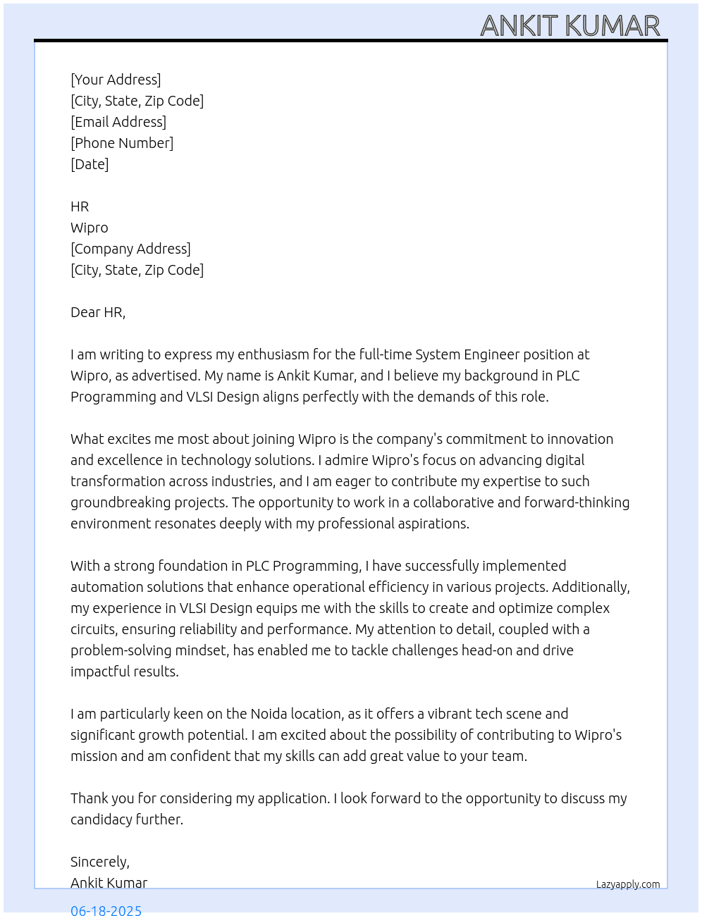 System engineer  At Wipro  Cover Letter