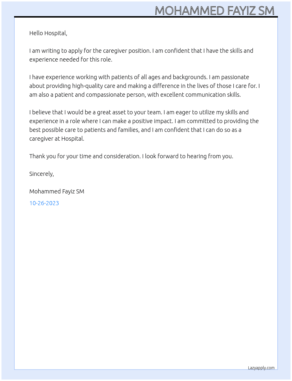 Caregiver  At Hospital  Cover Letter