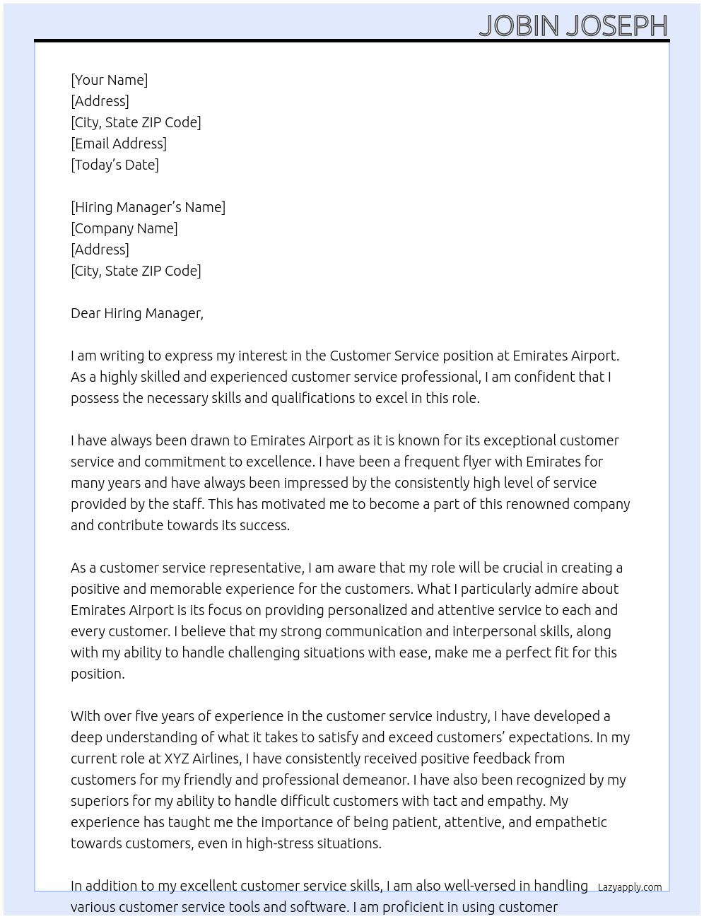 customer service  At Emirates Airport  Cover Letter