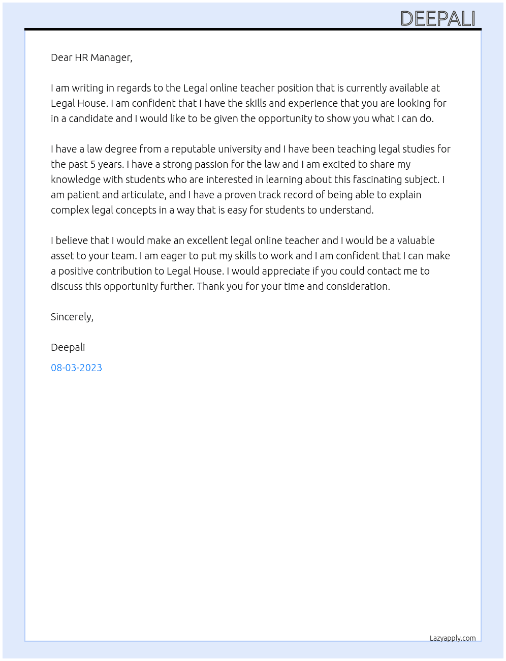 Legal online teacher  At Legal House  Cover Letter