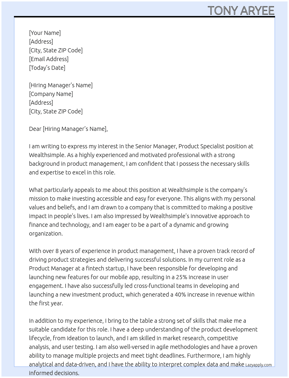 Senior Manager, Product Specialist At Wealthsimple Cover Letter