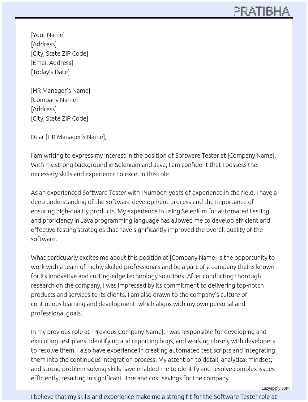 Software tester  At Any Cover Letter