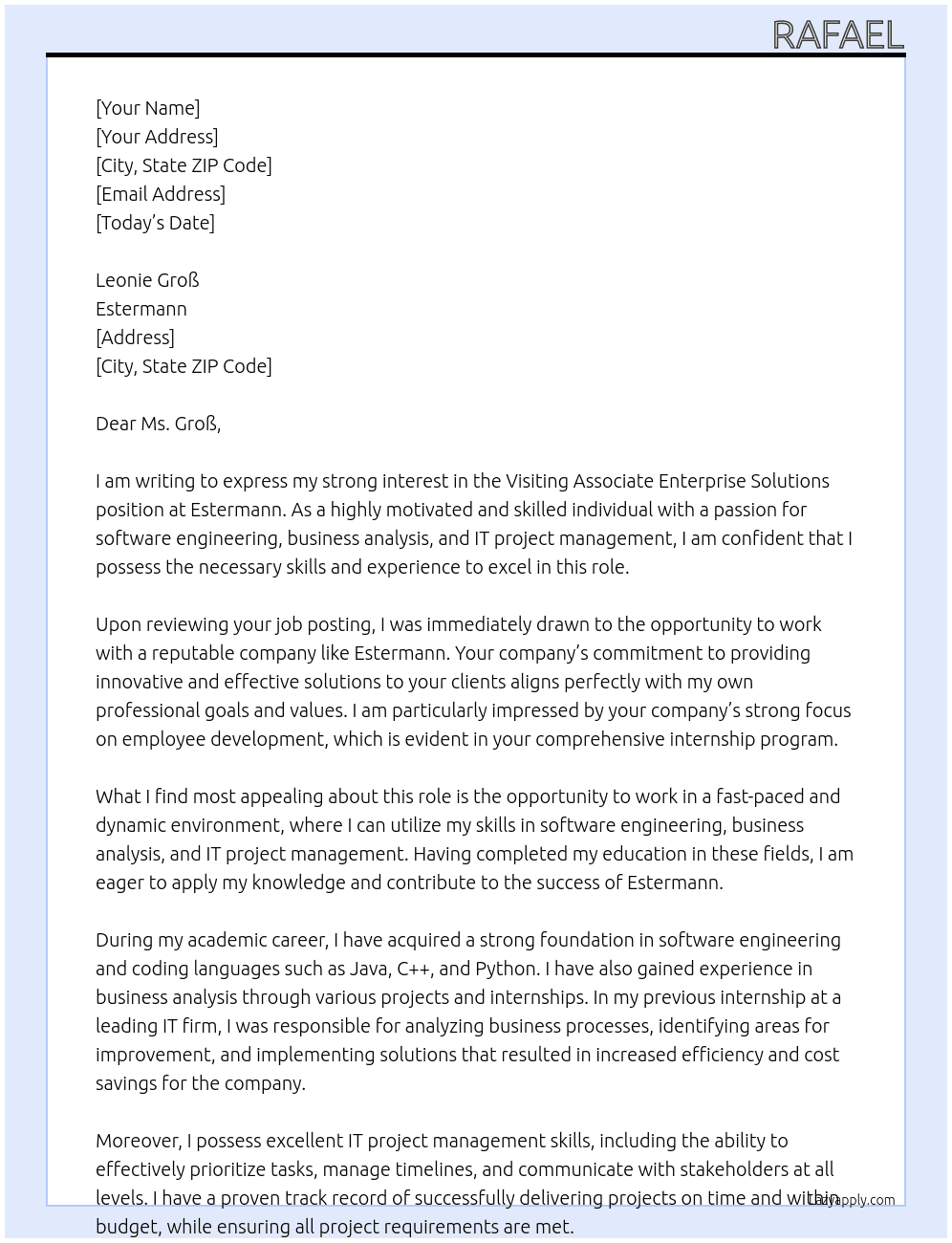 Visiting Associate Enterprise Solutions At Estermann Cover Letter