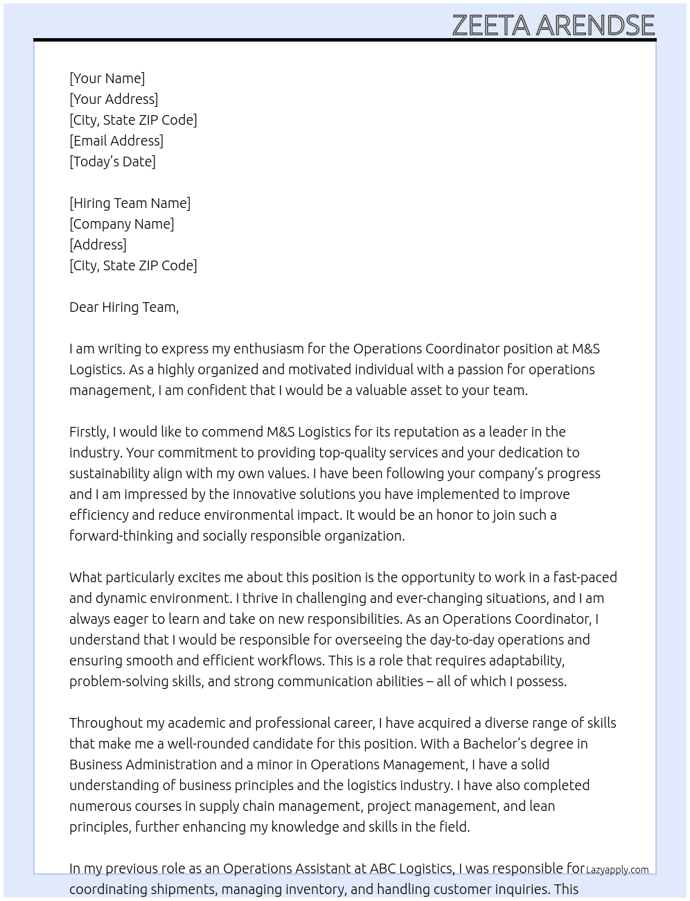 Operations Coordinator At M&S Logistics Cover Letter
