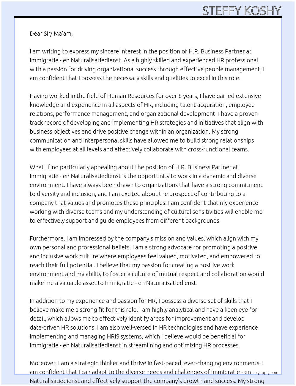 H.R. Business Partner At Immigratie - en Naturalisatiedienst Cover Letter
