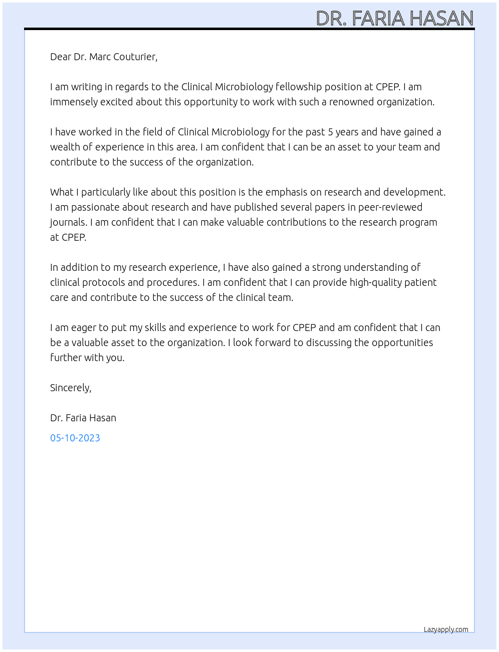 Clinical Microbiology fellow At CPEP Clinical Microbiology fellowship Cover Letter