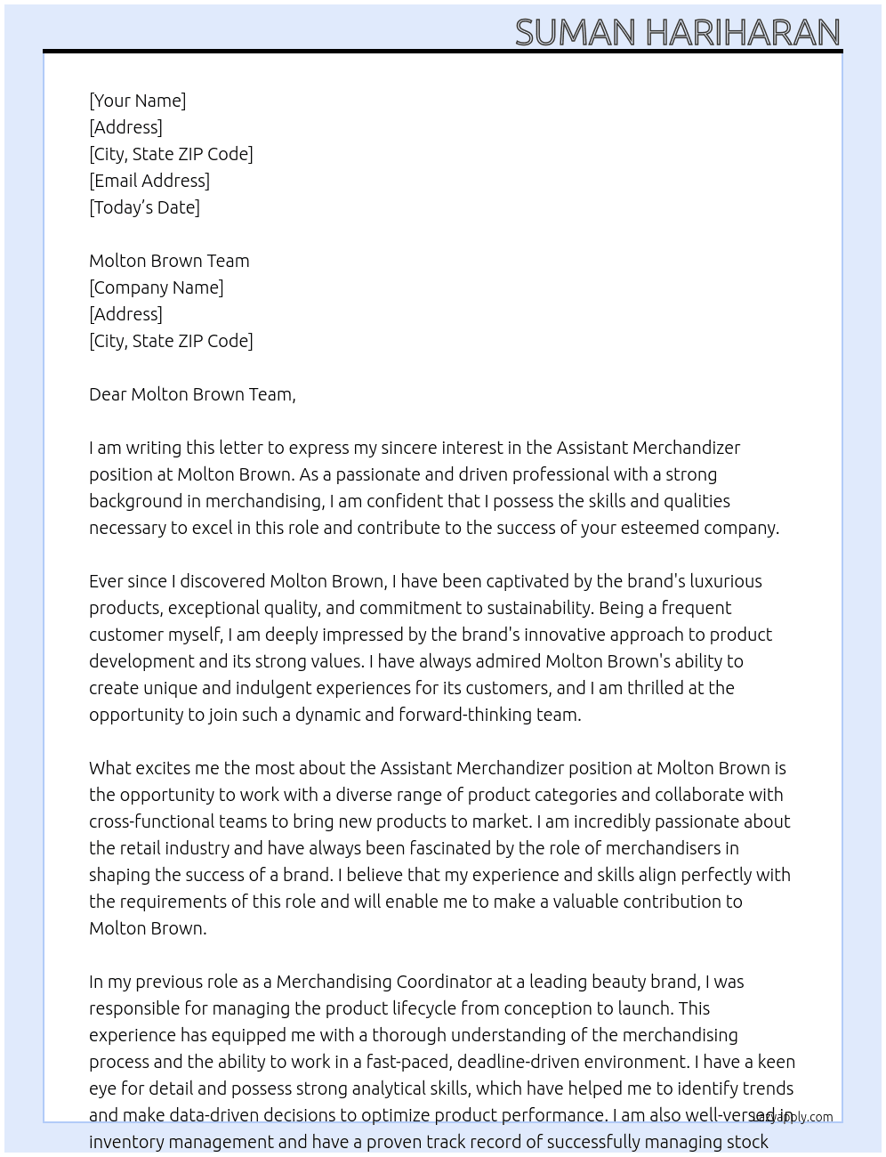 assistant merchandizer At Molton Brown Cover Letter