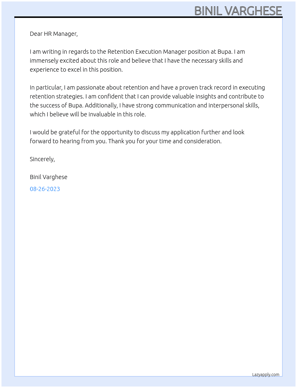 Retention Execution Manager At Bupa Cover Letter