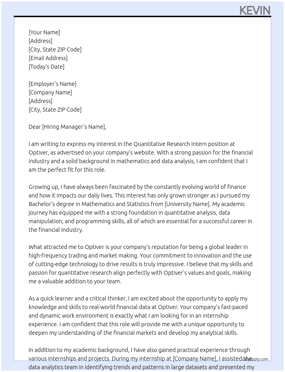 Quantitative Research Intern At Optiver Cover Letter