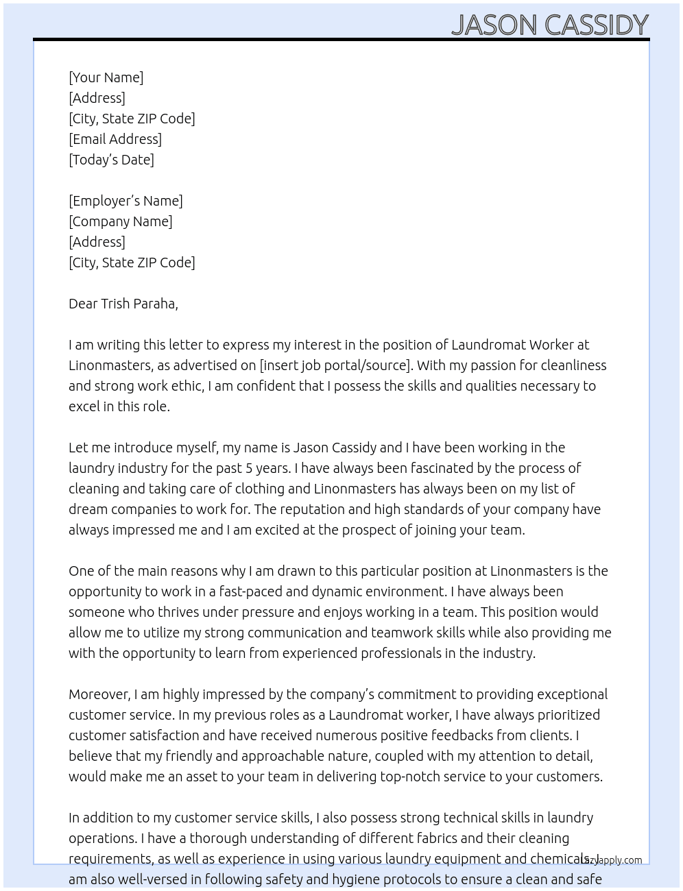 Laundromat worker At Linonmasters Cover Letter