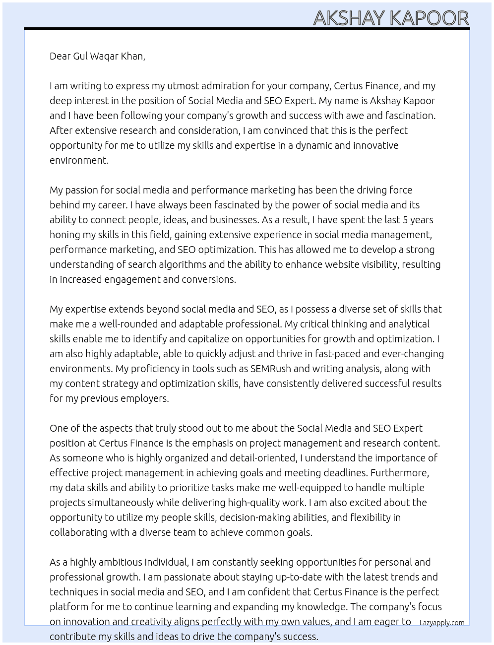 Social Media and SEO Expert At Certus Finance Cover Letter