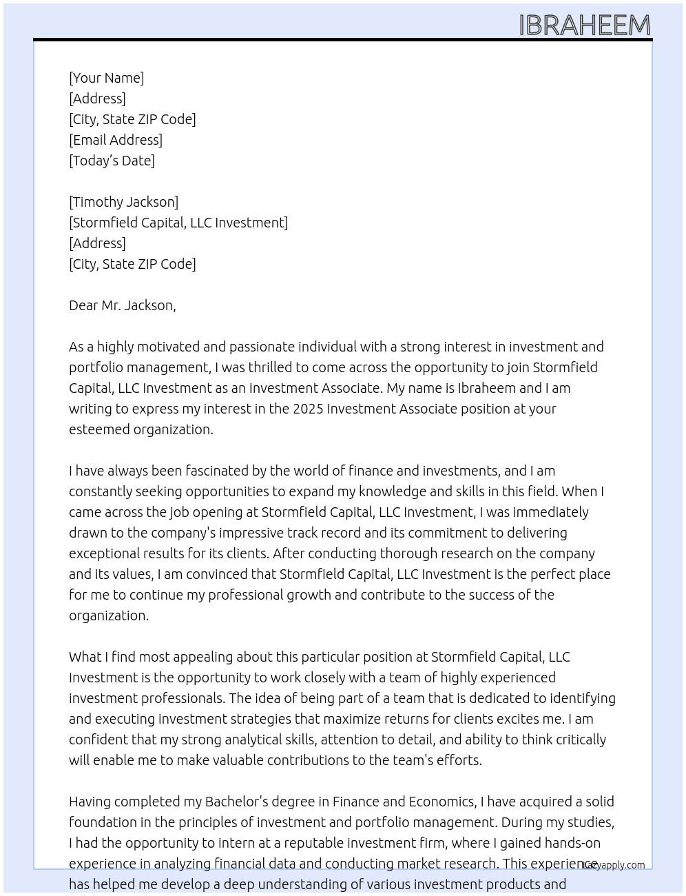 Stormfield Capital, LLC Investment / Portfolio Management Investment Associate (2025) At Stormfield Capital, LLC Investment  Cover Letter