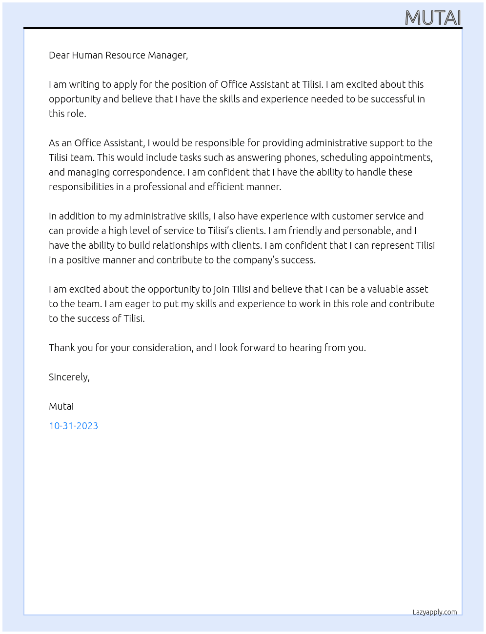 OFFICE ASSISTANT At TILISI Cover Letter
