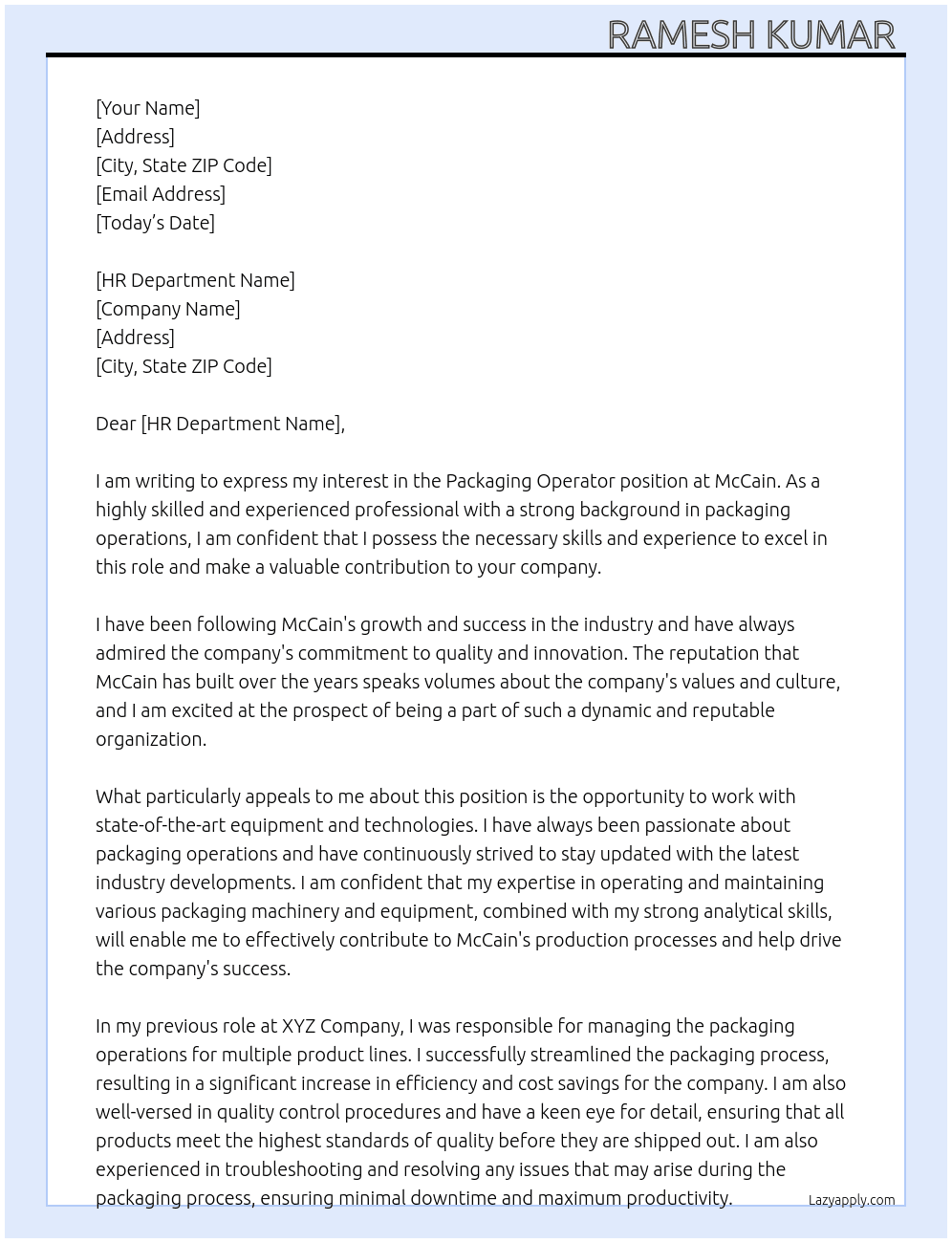 Packaging operator  At Mccain Cover Letter