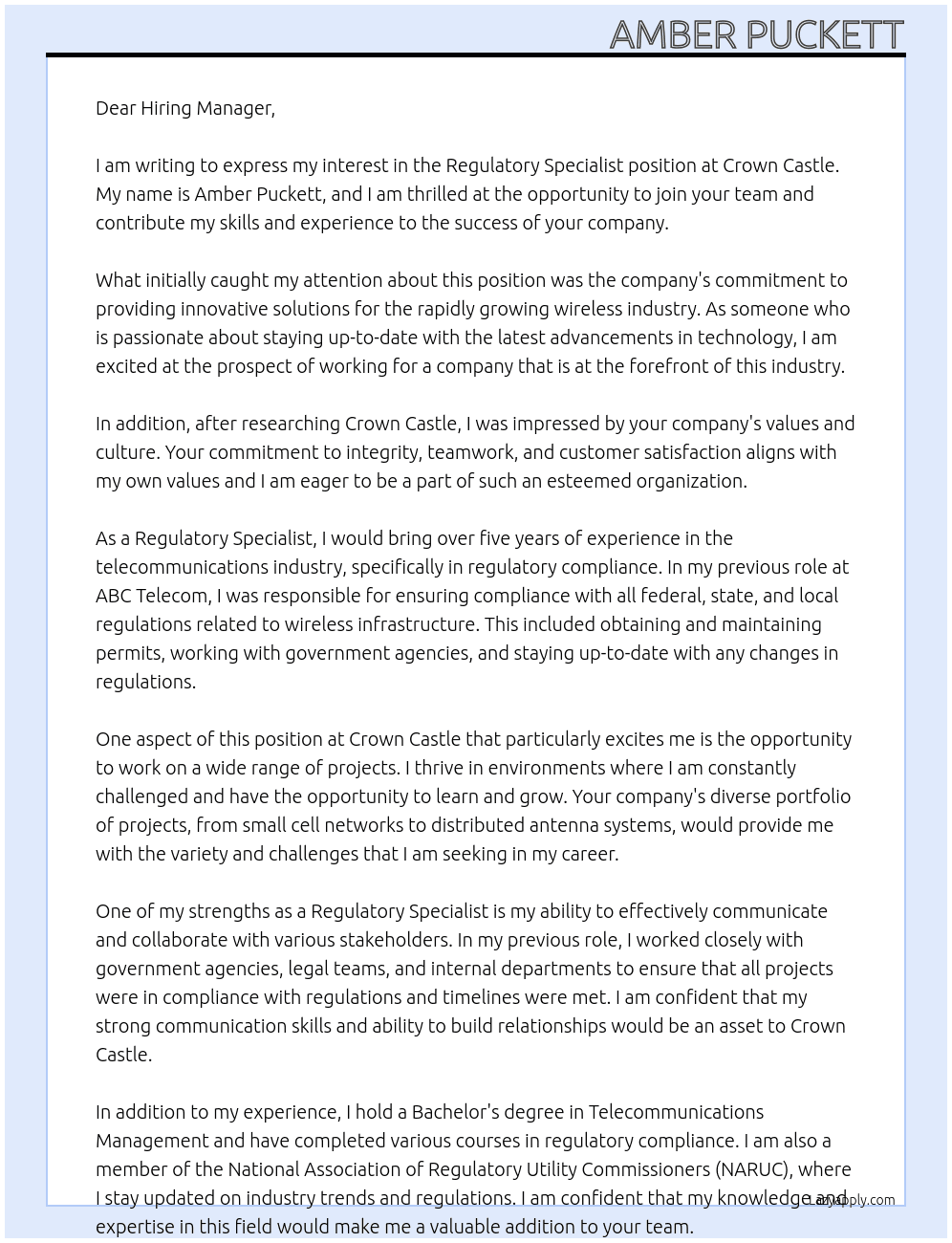 Regulatory Specialist At Crown Castle  Cover Letter
