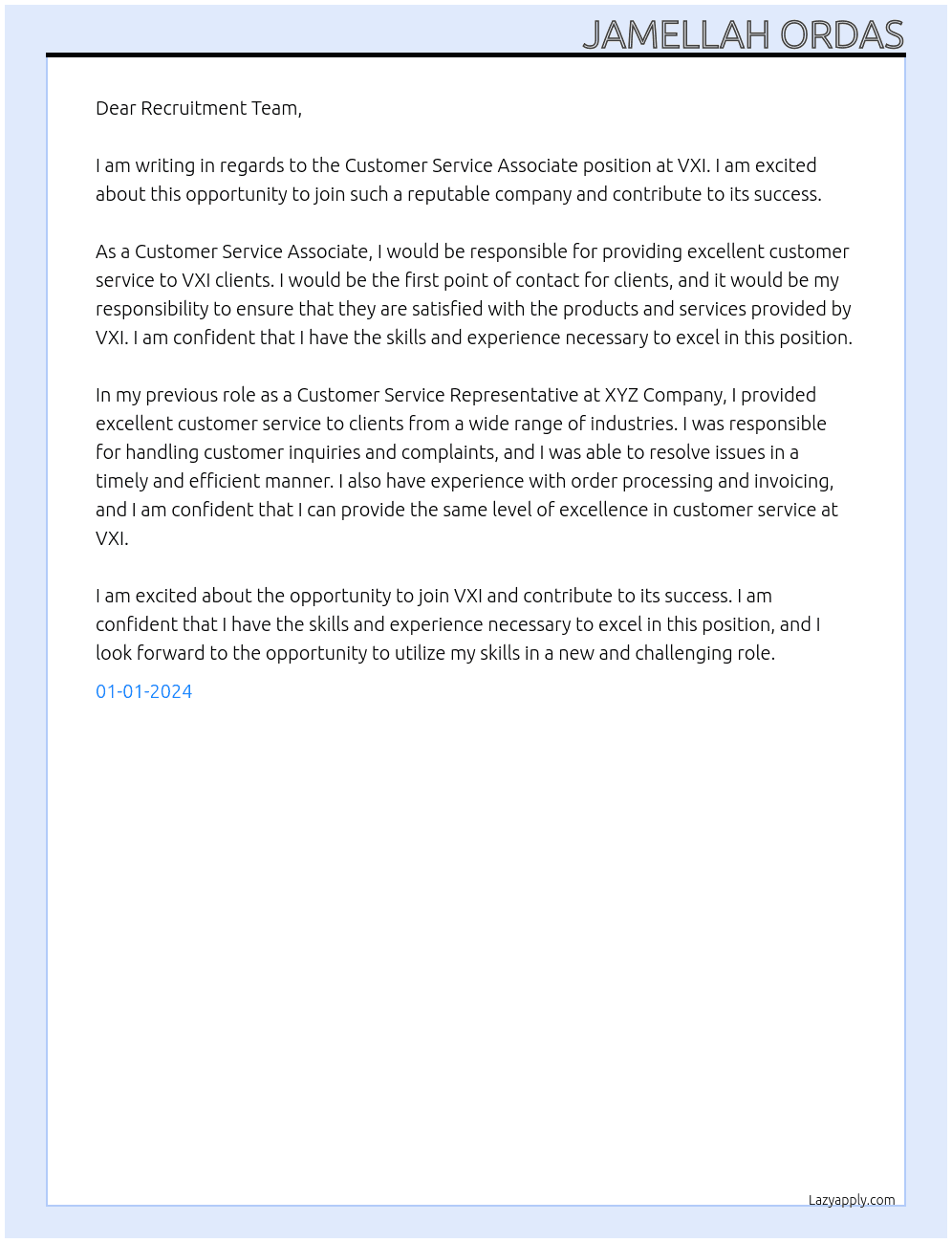 Customer service associate  At VXI Cover Letter