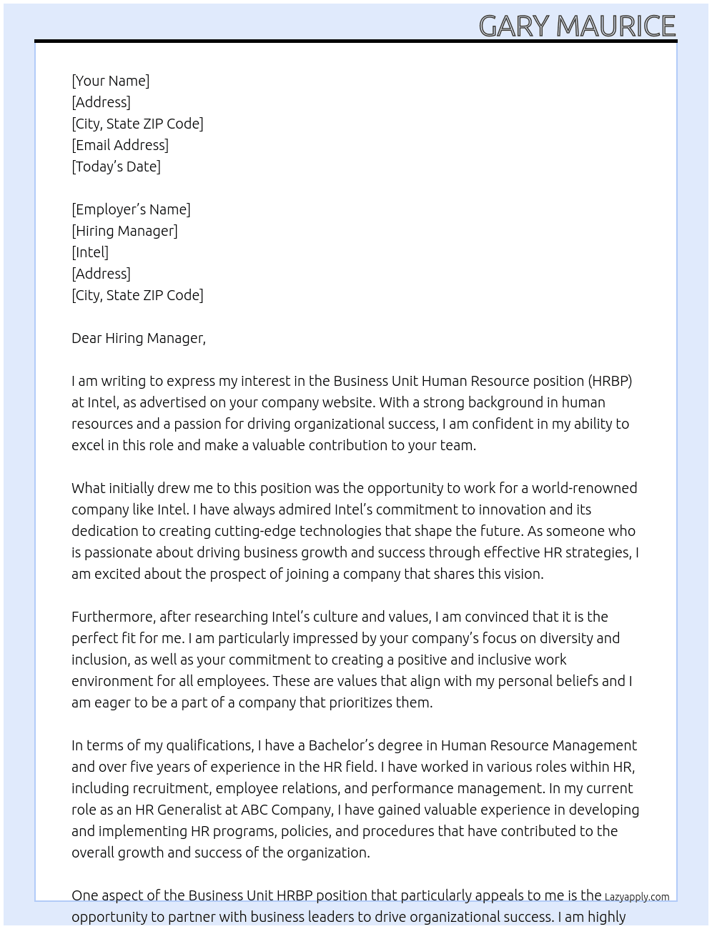 Business Unit Human Resource (HRBP) At Intel Cover Letter