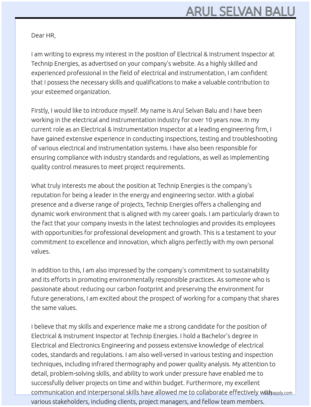 Electrical & Instrument Inspector At Technip Energies  Cover Letter