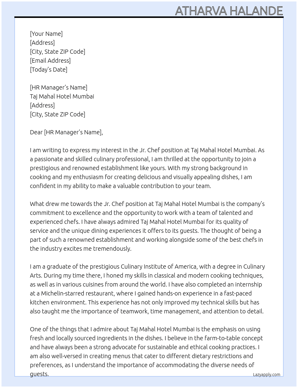 Jr. Chef At Taj mahal hotel mumbai Cover Letter