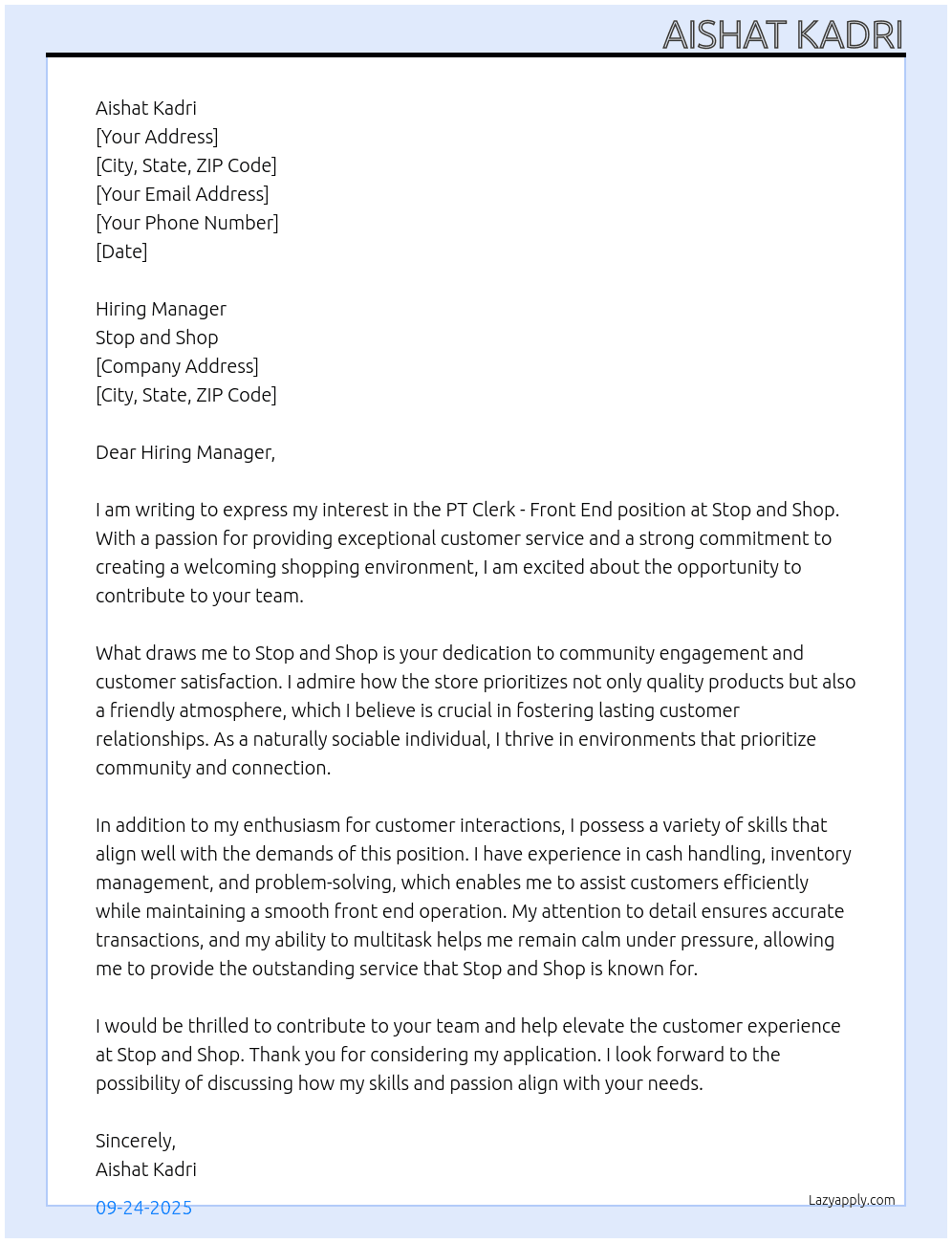 PT clerk- Front end At Stop and shop Cover Letter